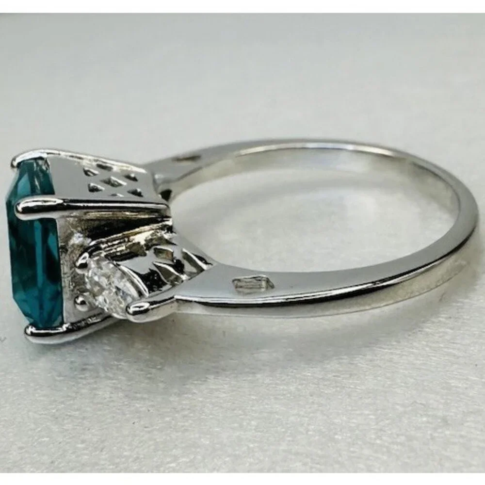 Bomb Party Teal Princess Cut Statement Ring Size 7 Rhodium Plated